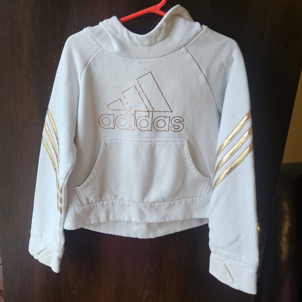 Adidas Kids Hoodie in White with Gold Stripes